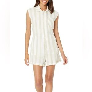 BlankNYC Fishermancore Costal 100% Linen Cream Striped Romper Size Small FLAW
